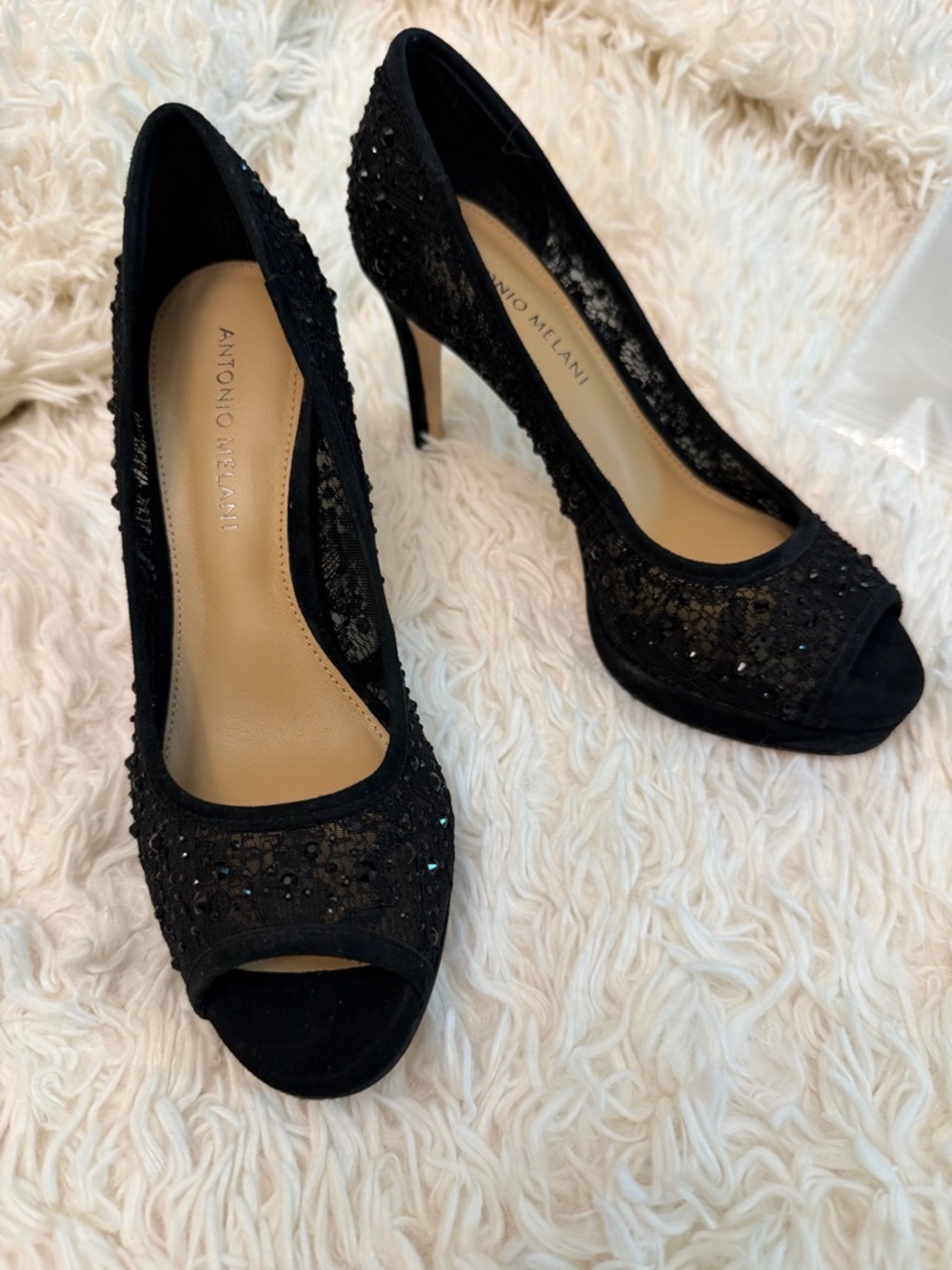 Antonio Melani Eliana Black Lace Embellished Peep-Toe Size 6M, 4 inch Heels